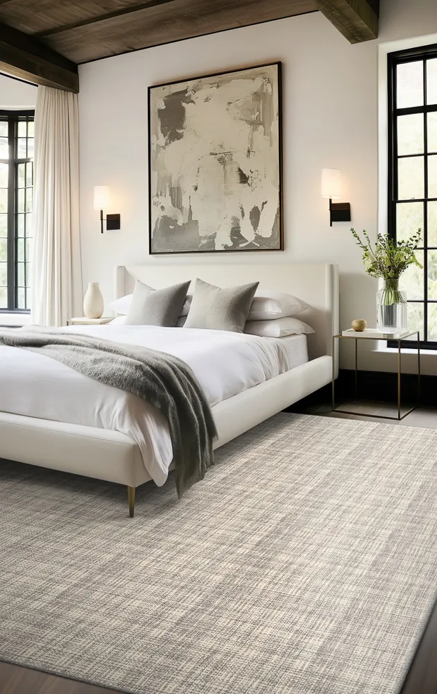 custom area rug on a hardwood bedroom floor